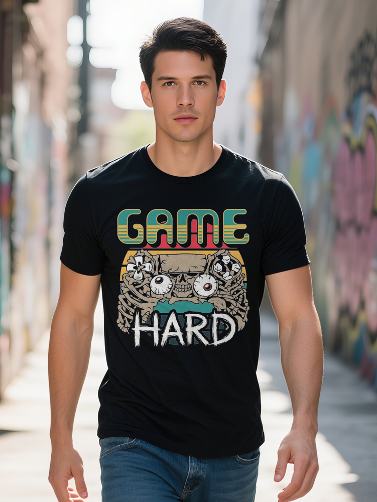 Men s Crew Neck T Shirt with Fun GAME HARD D Print Black Short Sleeve Essential Blend Summer Casual Wear Bold