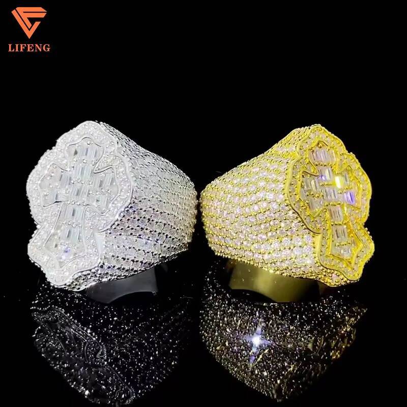 925 Sterling Silver Cross Full Moissanite Ring Hip Hop Baguette Cut Statement Jewelry Moissanite Hip Hop Ring