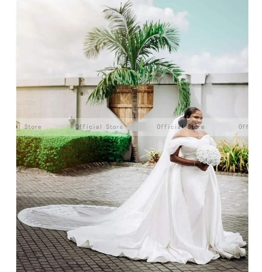 Clean White Mermaid Wedding Dresses with Detachable Train Off Shoulder Corset Closure Pearls Beading Africa Garden Bridal Gowns
