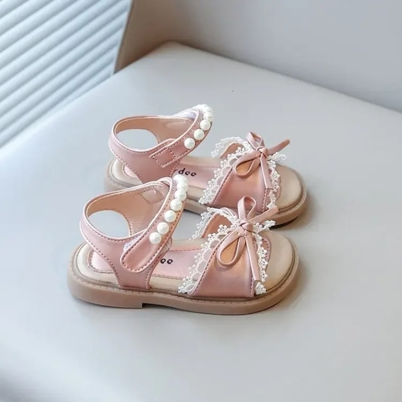 Toddler Kids Beach Shoes for Girls Princess Bowknot with Lace Children Pearl Beading Summer Sandals Elegant Sweet w250725