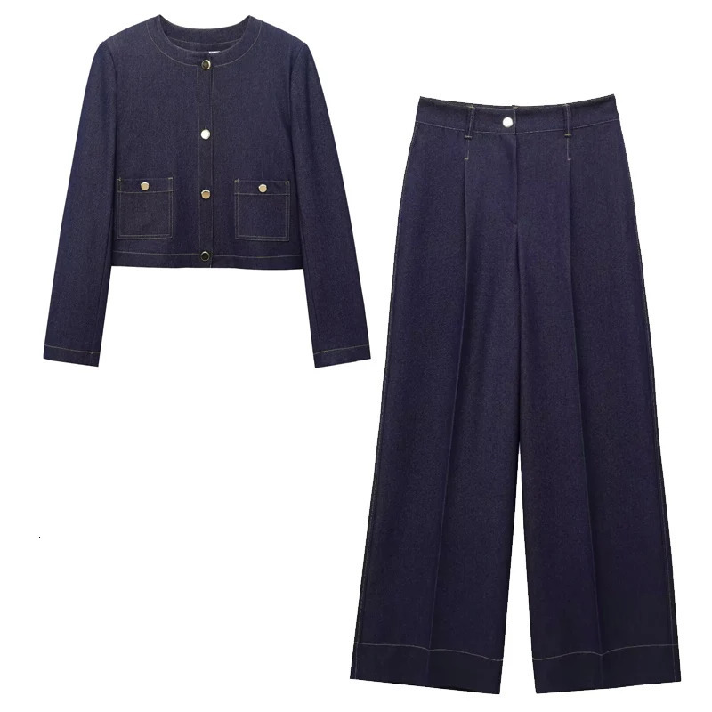 TRAF Denim Pant Sets Womens Suit Elegant Crop Button Top And Bottom Set Women High Waist Trousers Sets Casual Vacation Outfits 250806