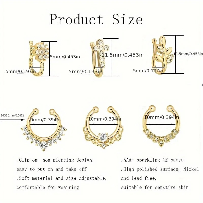 EVISPOL Nose Rings Faux Nose Piercings Septum Ring Septum Jewelry Nose Cuff Clip On Nose Ring for Men And Women 250807