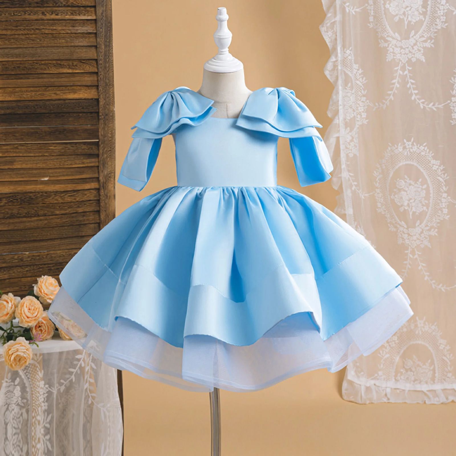 Satin Suspender Bow Dresses For Baby Girls Princess Evening Costume Birthday Festive Puffy Clothes For 4-7 year Old Girl 250811