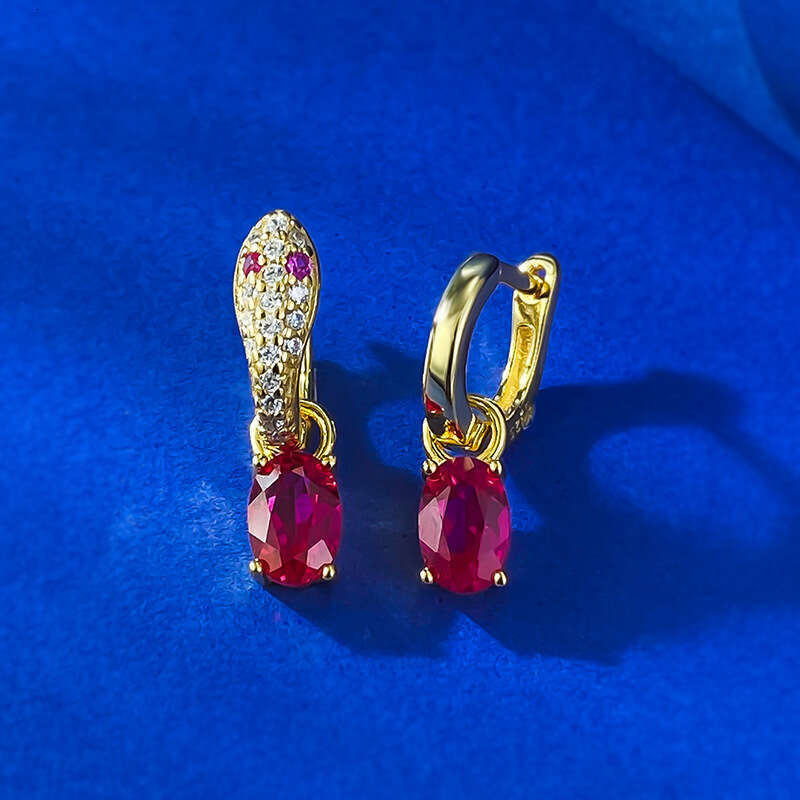 Mujing 2024 New S Sier Niche Design Red Blue Green Gemstone Earrings 4*6 Oval Exquisite Ear Jewelry