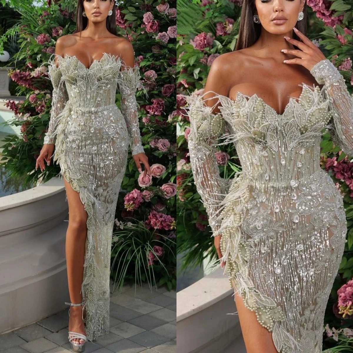 Sparkly Evening Dresses For Women Sweetheart Neck Long Sleeves Gown Split Side Beaded Appliques Sequins Dress Party Customized Dress