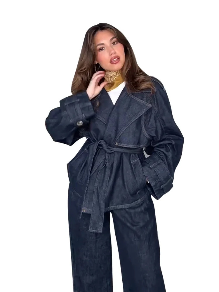 Spring Denim Two Piece Set Vintage Lace Up Turn-down Collar Full Sleeve Jacket High Waist Long Trousers Retro Lady Suit 250806