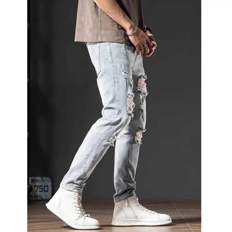 Trendy Brand Ripped Light-Color Jeans Mens 2025 Spring Summer Thin Slim-Fit Pants Ruffian Hands Pants Ripped Jeans Men Clothing X250812