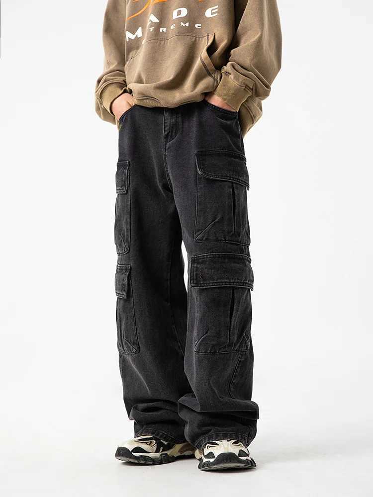 2025 New Workwear Multi Pocket Design Jeans Mens Old Wash Vintage Japanese Casual Pants China-Chic Loose Wide Leg Pants X250812