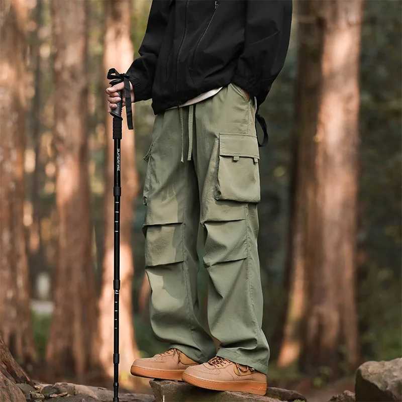 American Work for Men Loose Spring and Autumn Casual Pants with Multiple Pockets Quick-drying Pleated Wide-leg Pants W250812
