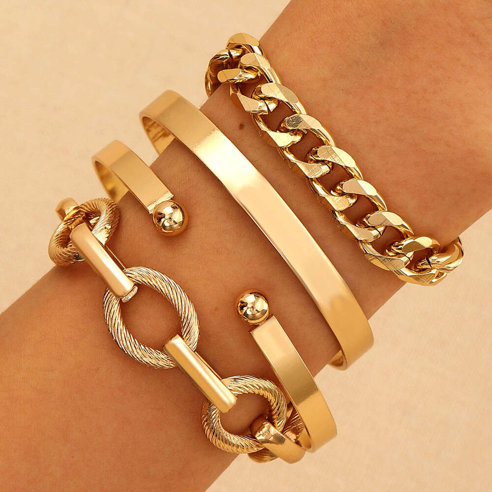 Alloy Dia-Encrusted of Four Punk Stacking Hip-Hop Bracelet Set for Women