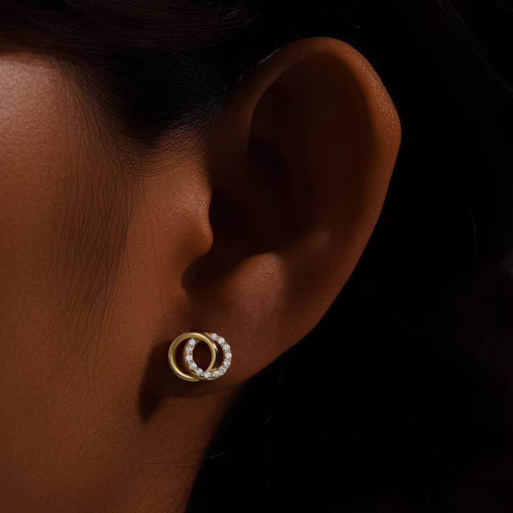 18K gold fashion jewelry 925 pure silver inlaid moissanite small hollow double round plate earrings for women