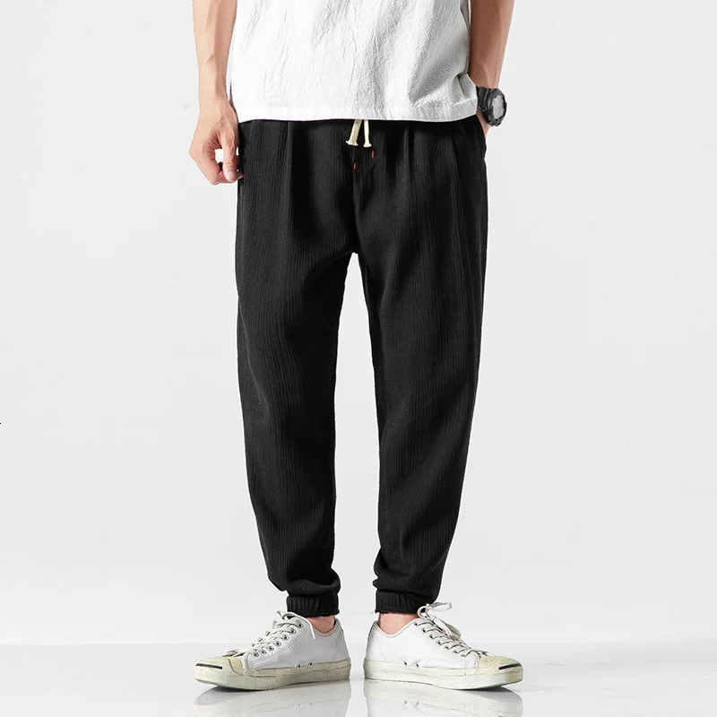 Summer Men Cotton Linen Casual Harem Pants Mens Solid Color Jogger Male Chinese Style Harajuku Elastic Waist Trousers Man 250729