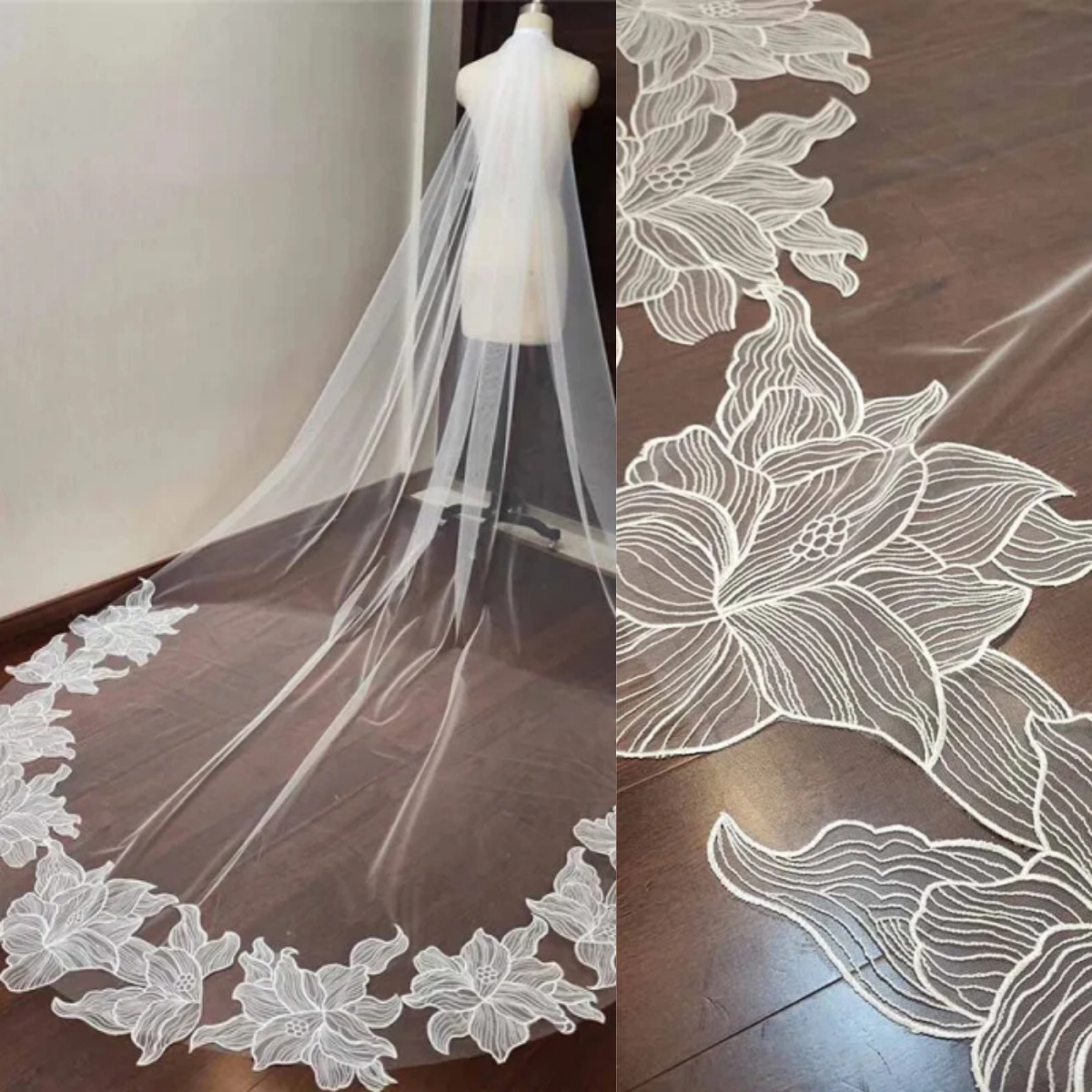 Simple Appliques Wedding Veil One Layer Long Cathedral Length Bride Veils With Comb Bride Voile Customized High Quality