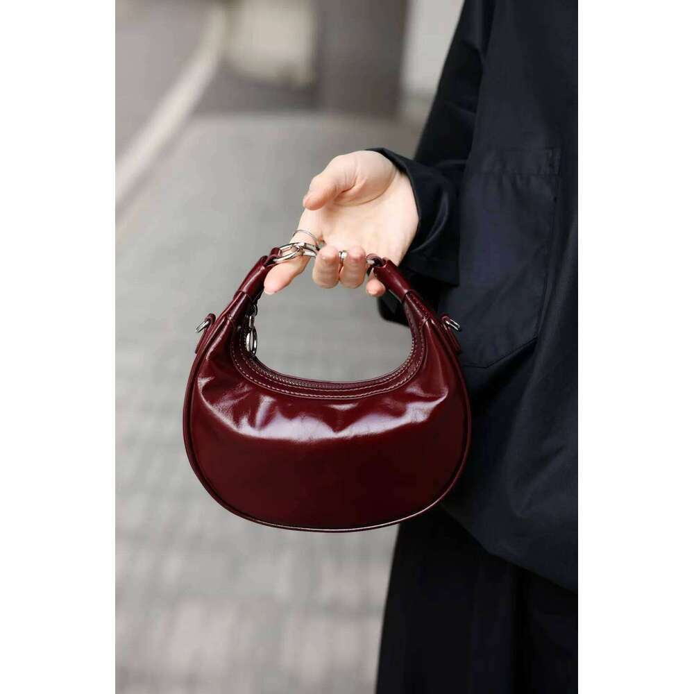 New Wine Red Commonly Used Half Moon Tote Glossy Oil Wax First Layer Cow Leather Women Crossbody Small Female Shoulder Bag