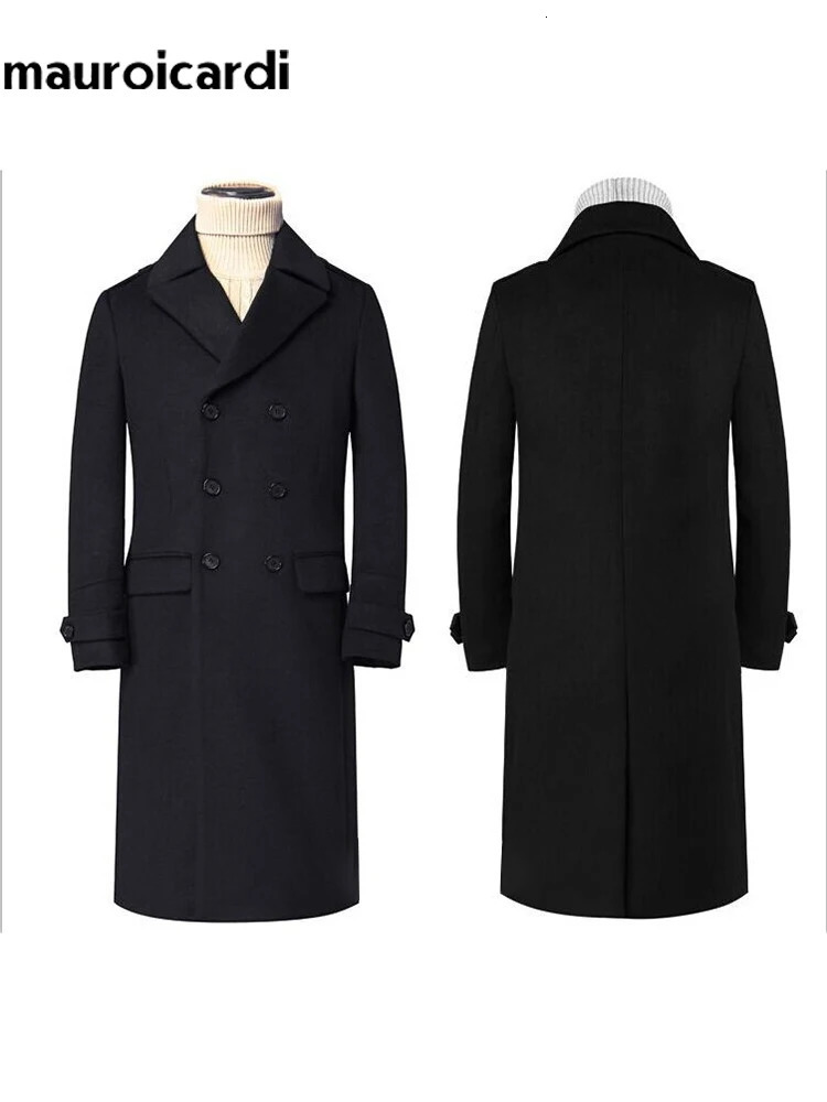 Mauroicardi Autumn Winter Long Warm Smart Casual Navy Blue Black Woolen Coat Men Double Breasted Wool Blends Overcoat 250805