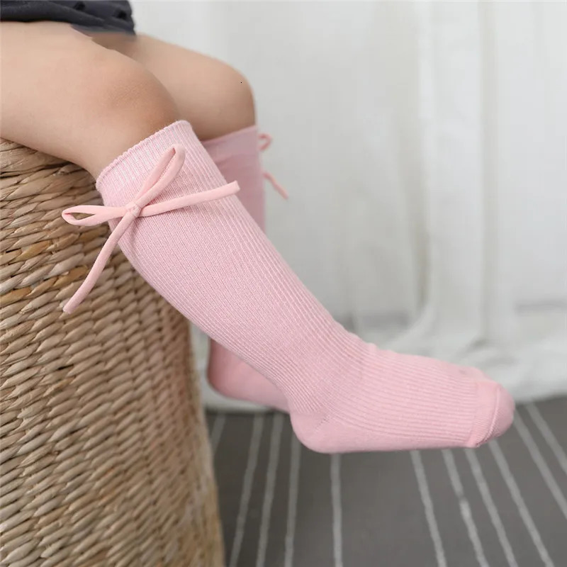 Autumn Kids Knee High Socks Baby Girls Boys Bowknot Flat Long Sock Soft Cotton Solid Children Princess Socken For 07 Years 250812
