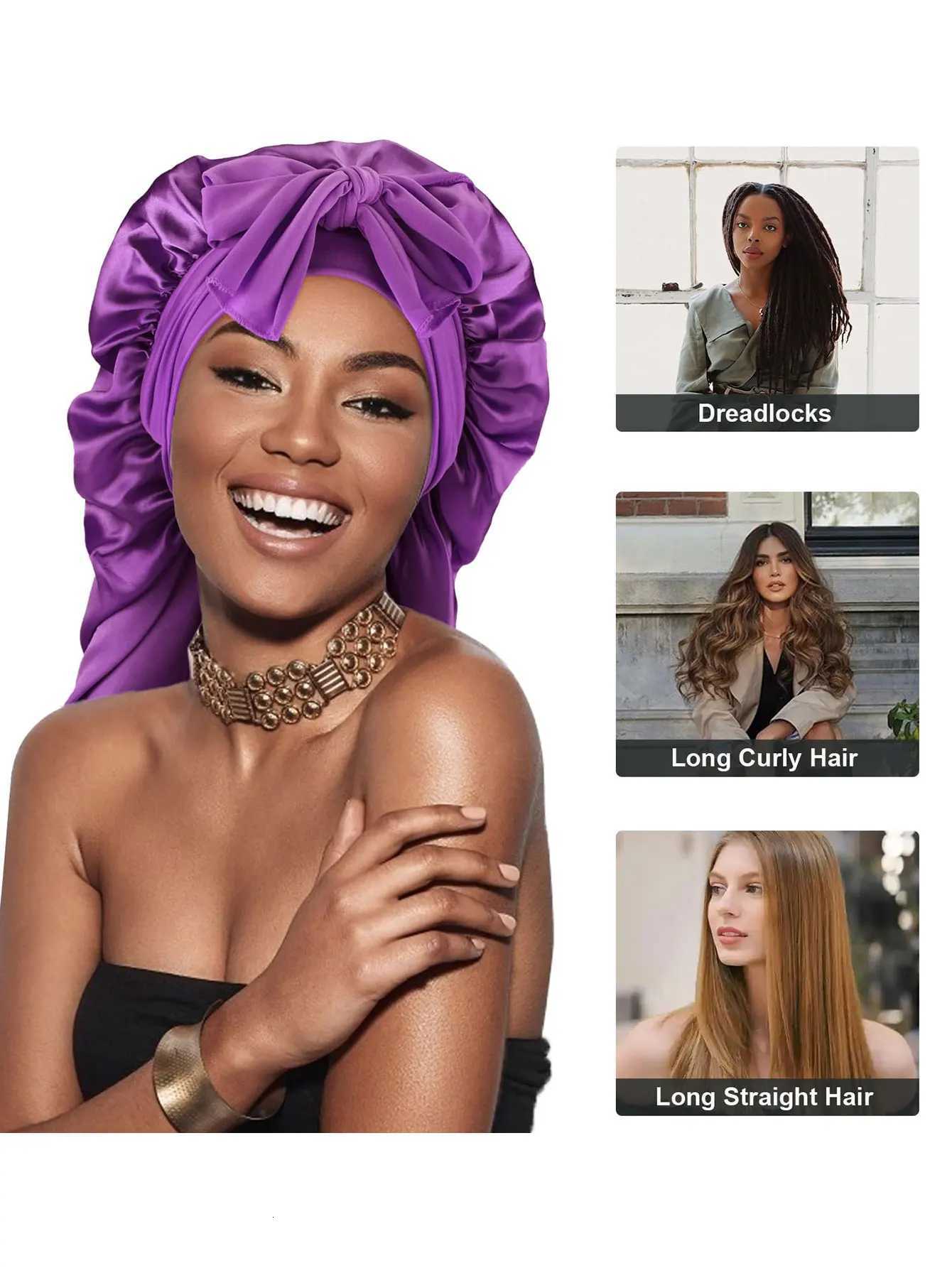 Long Satin Bow Nightcap Satin Lining with Elastic Band Womens Adjustable Long Braided Hat Suitable for Curly Hair and Round Face XJ250812