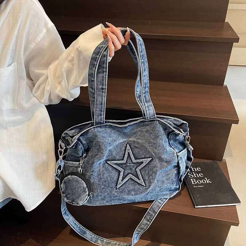 Denim Large Capacity Tote for Women New Casual Commuter Shoulder Fashionable Textured Crossbody Bag