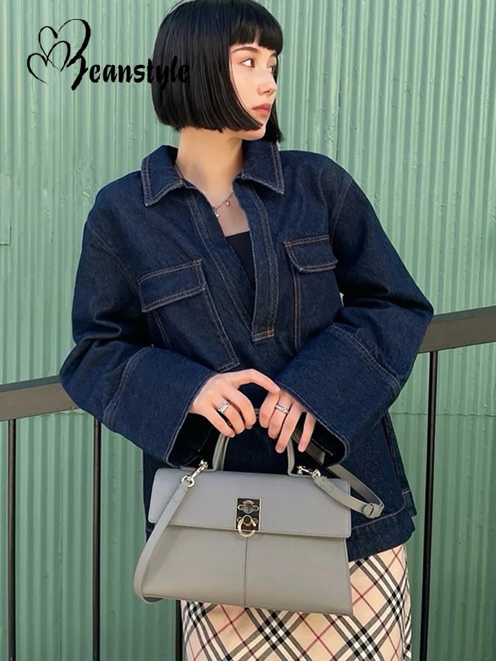 Street Loose Solid Women Jeans Suits Lapel Full Sleeve Pockets Top High Waist Wide Leg Pants 2025 Spring Fashion Lady Sets 250811