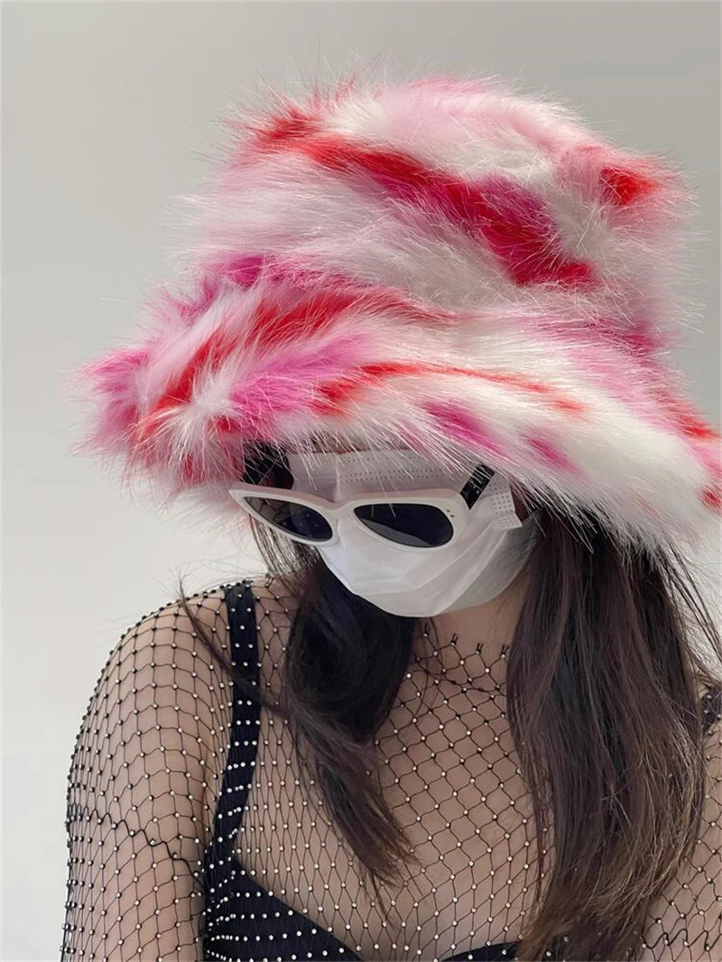 Rainbow Stripe Fluffy Artificial Fur Womens Hat Plush Bucket Hat Winter Warm Fisherman Hat Personalized Basin Hat 250808
