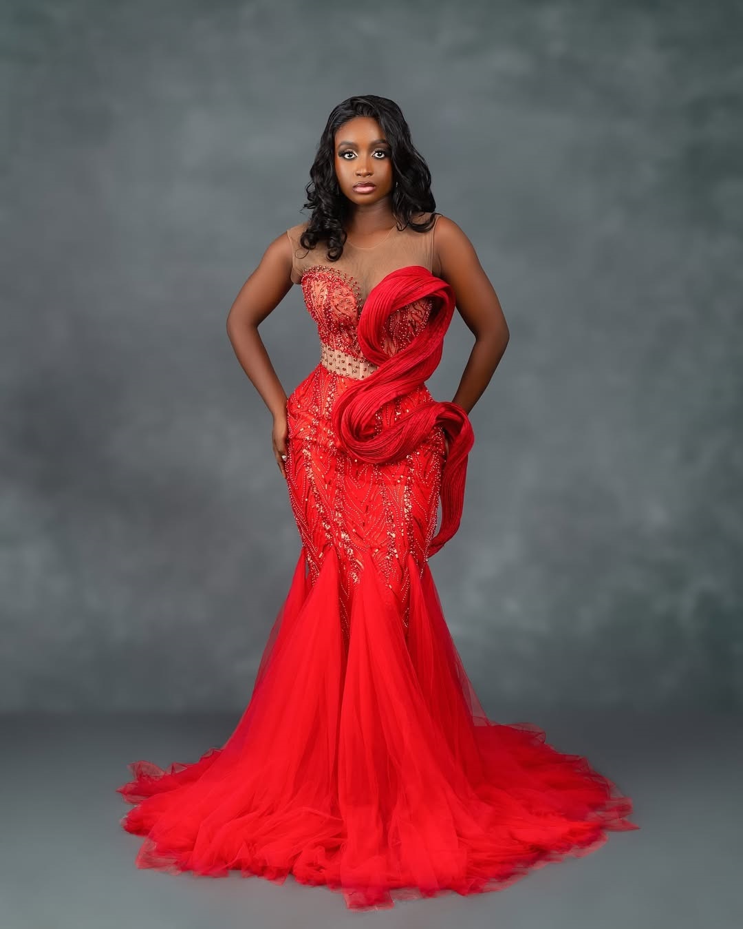 Mermaid Red Aso Ebi Prom Dress 2025 Evening Dresses For Special Occasions Sheer Neck Beaded Lace Flora Birthday Dress Second Reception Gown AM2095