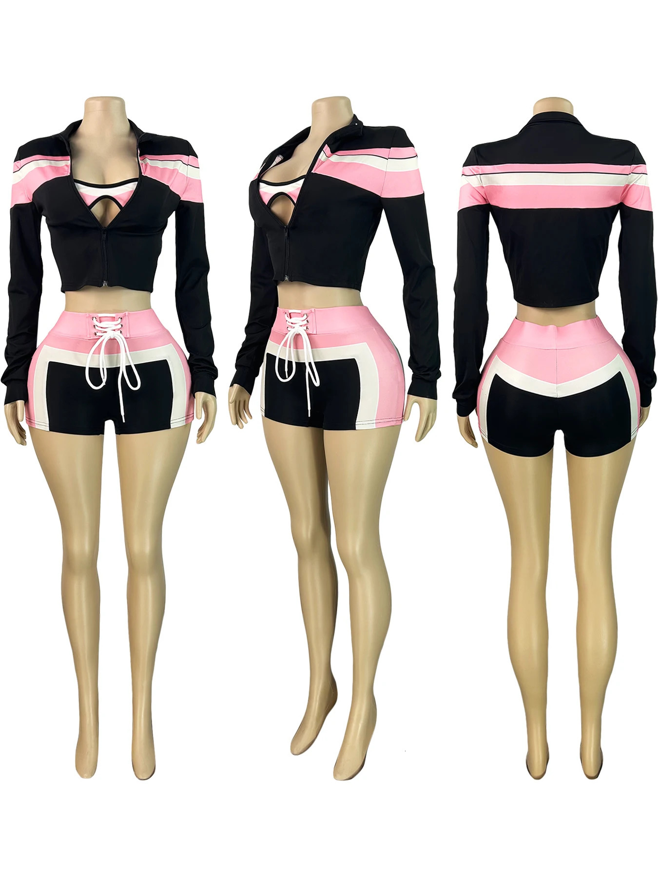 Summer Female 3 Piece Set Cute Striped Loungewear Tracksuit Bra Zip up Jacket and Shorts Sets for Women Gym Jogger Outfits 250811