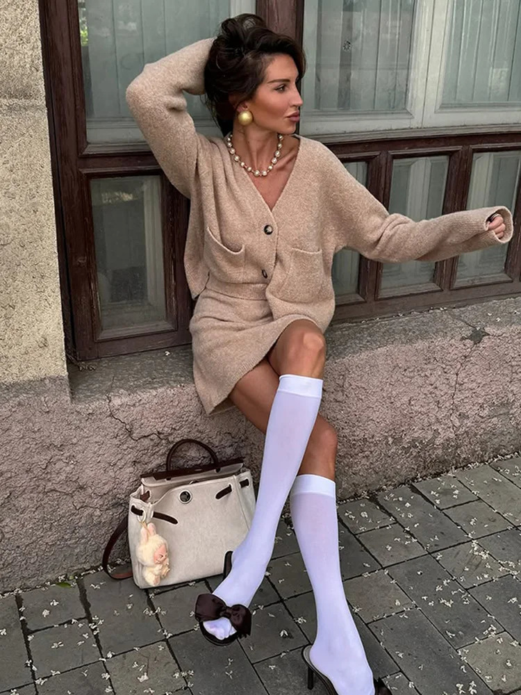 Knit Solid Women Cardigan Set A Line High Waist Female Skirt Suit Elegant Single Breasted Full Sleeve Lady 2 Pieces Sets 250811