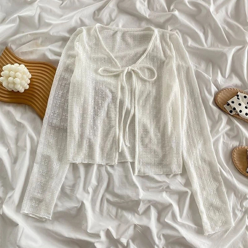 2024 White Tie Up Summer Cardigan Women Sexy Long Sleeve Sheer Mesh Crop Tops Woman Chic All Match Short Printed T Shirt Mujer 250801