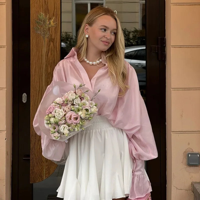 Talenza Womens Shirt Fashion Loose Lapel Solid Color Long Sleeve See-through Shirt Elegant Single Breasted Patchwork Shirt Top 250811