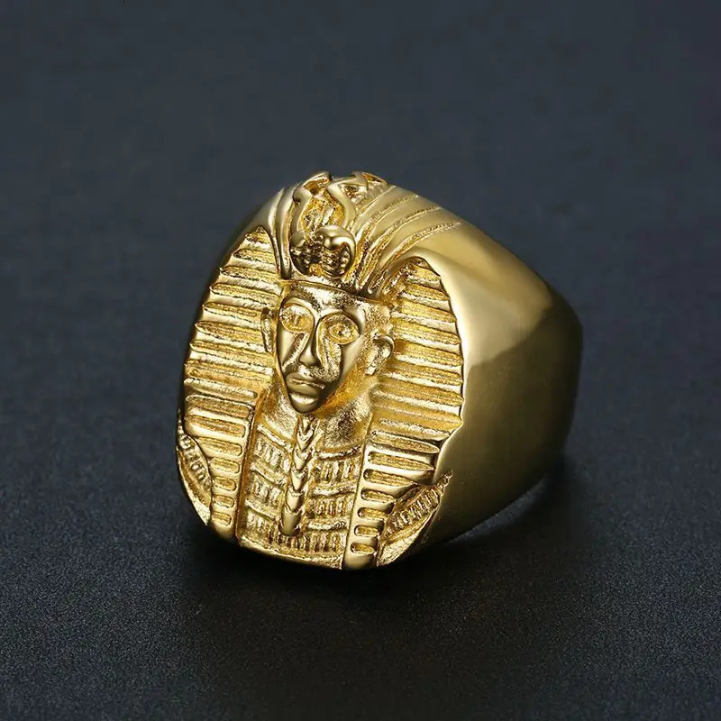 European and American Cross-Border Hip-Hop Hiphop Ring Steel Gold-Plated Egyptian Pharaoh Mens Ring 250812