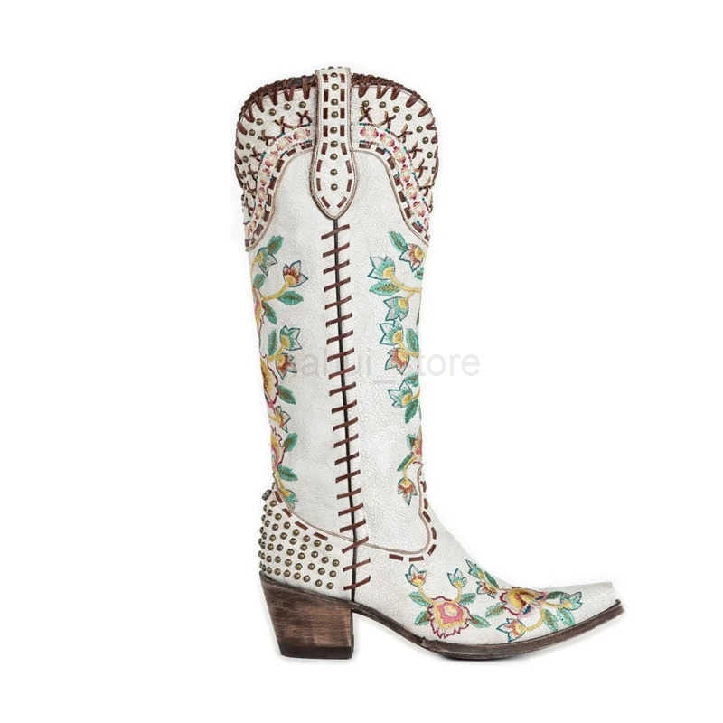 White Embroider Western Boots For Women Leather Chunky Heels Cowboy Boots Slip-on Shoes M250812