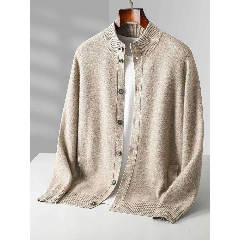 Men's Thick Sweater 100% Merino Wool Knitwear Cardigan Cashmere Buttons Coat Autumn Winter Mock Neck Pockets Casual Clothing Top 250812