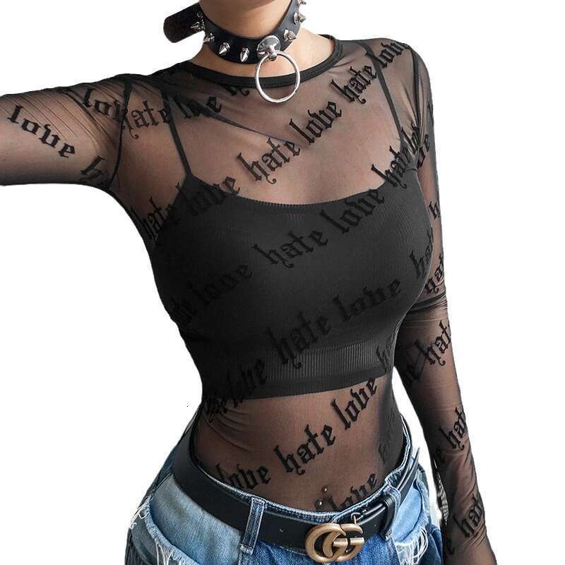 2025 Letter Personality Print Sheer Sexy Mesh Long Sleeve T-Shirt Top for Women