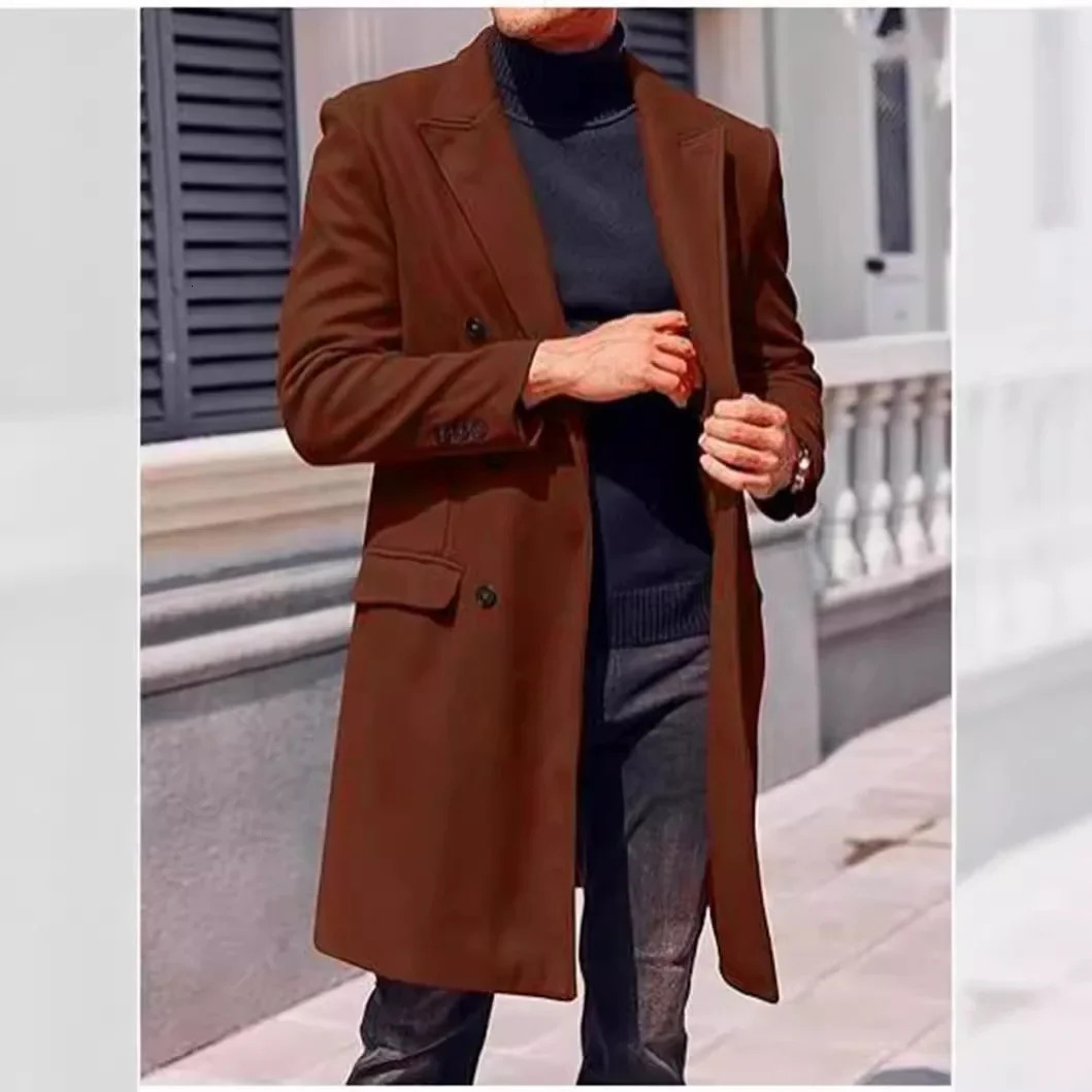Thick Woolen Mens Coat Large Size Long Coat Double Breasted Jacket for Men 250811