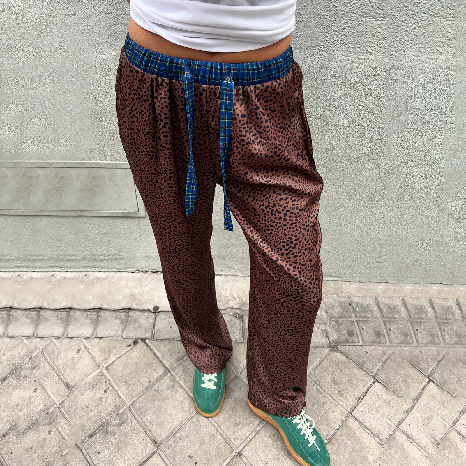 Women Y2k Plaid Wide Leg Pants Loose Elastic Waist Striped Patchwork Lounge Pjs Trouser Vintage Going Out Streetwear 250811