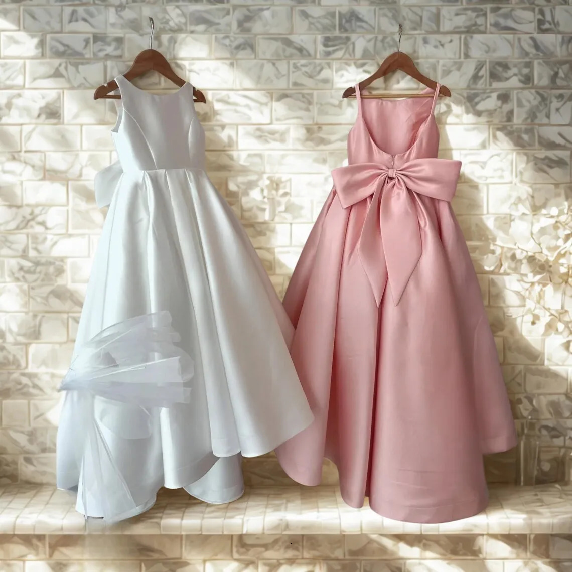 Long Ivory Satin Flower Girl Dresses for Wedding Bow Party Birthday Princess Dress Junior Bridesmaid First Holy Communion Gowns 250811