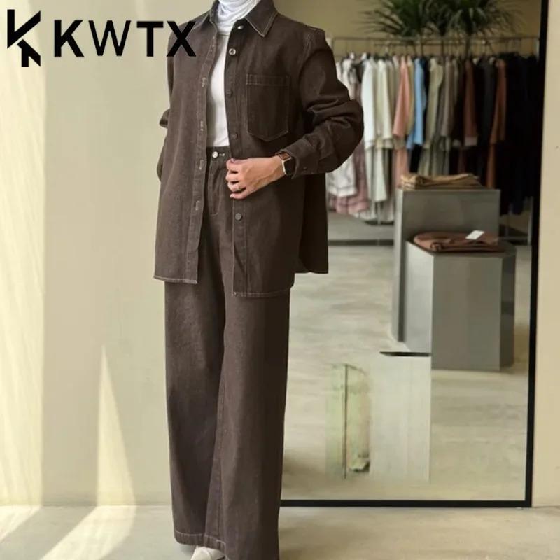 KWTX Brown Long Sleeve Denim Jacket Pants 2 Piece Set Women 2025 Spring Summer Oversized Casual Streetwear Outfit 250808
