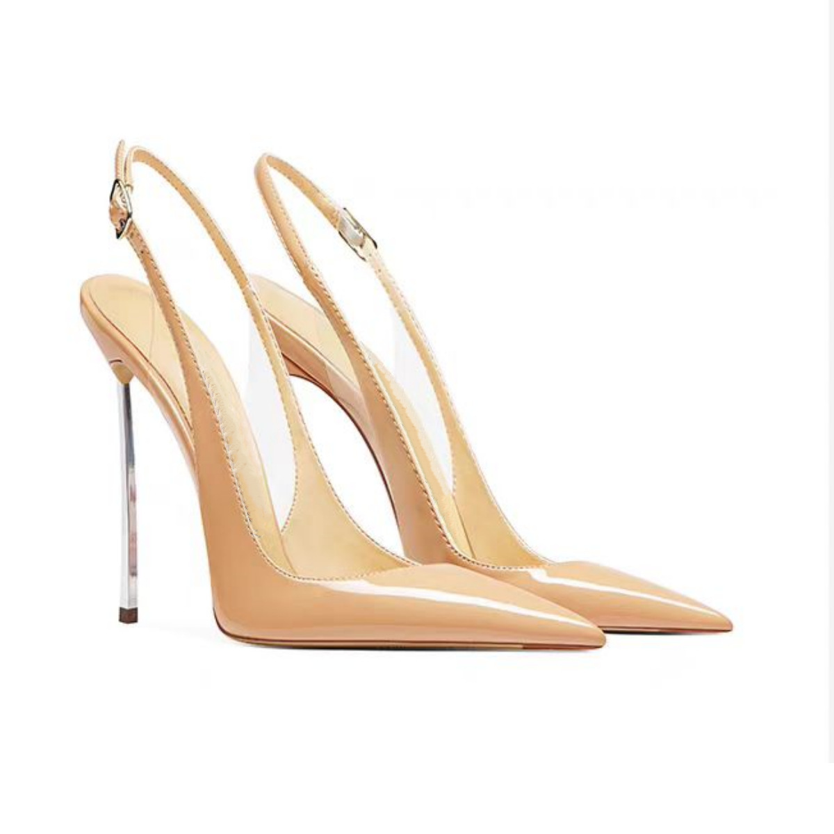 Metallic Heel Pointed Toe Sandals - Wide Fit Size 47 Glossy PU Ankle Strap (Peacock Blue/Nude/Black)