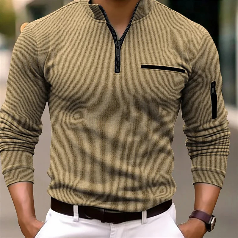 light light mature casual men sports retro style striped zipper arm fashion men outdoor long sleeve POLO shirt 250811