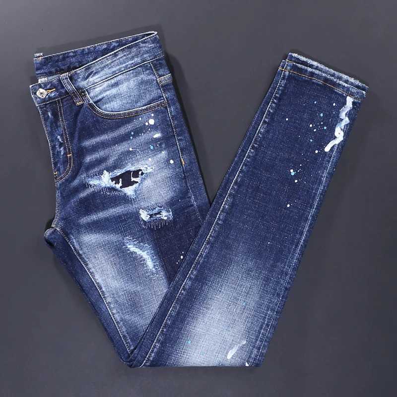 High Street Fashion Men Jeans Retro Blue Stretch Skinny Fit Painted Ripped Jeans Men Vintage Designer Brand Denim Pants Hombre X250812