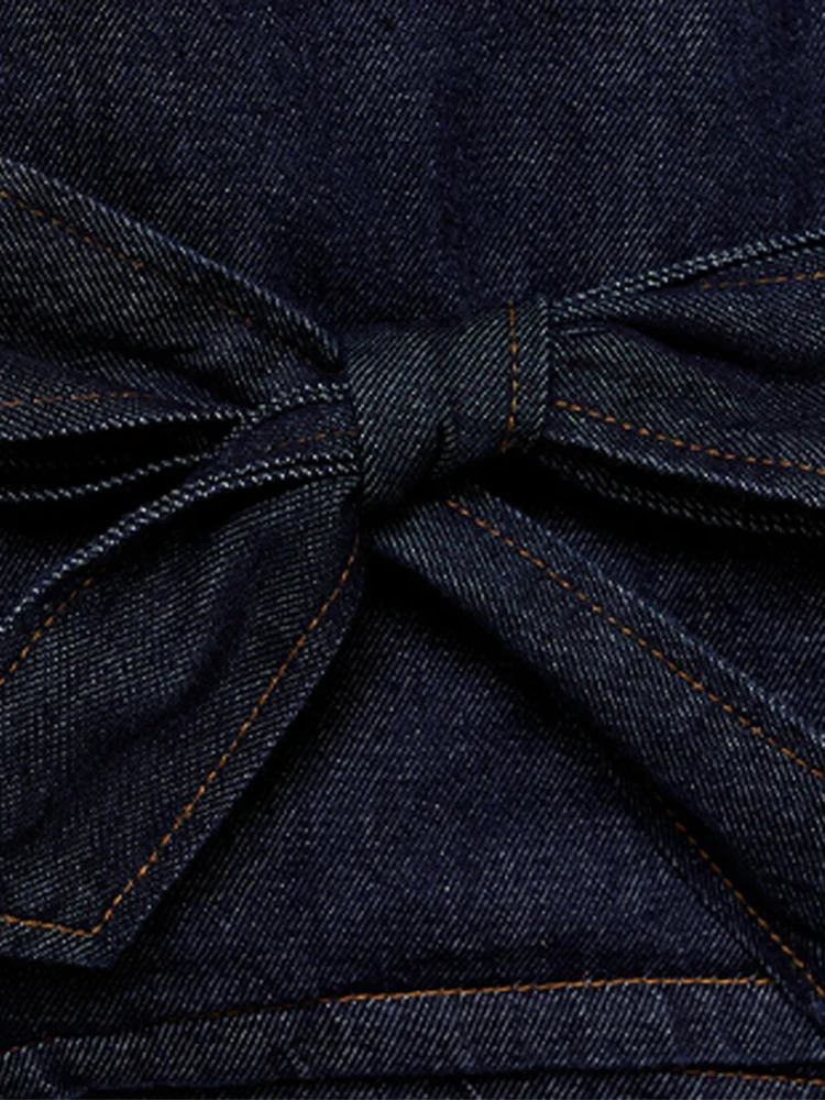 Spring Denim Two Piece Set Vintage Lace Up Turn-down Collar Full Sleeve Jacket High Waist Long Trousers Retro Lady Suit 250806