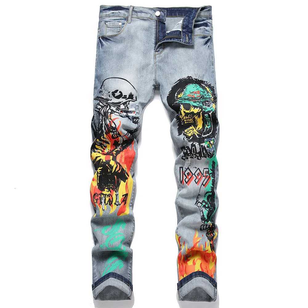 Men Skull Devil Flame Print Jeans Punk Graffiti Painted Stretch Denim Pants with Holes Ripped Distressed Slim Straight Trousers X250812
