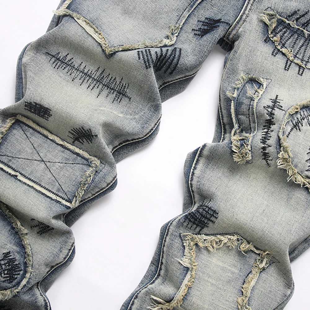 Mens Boot Cut Jeans Streetwear Patches Released Hem Pants Vintage Blue Embroidery Patchwork Flared Trousers X250812