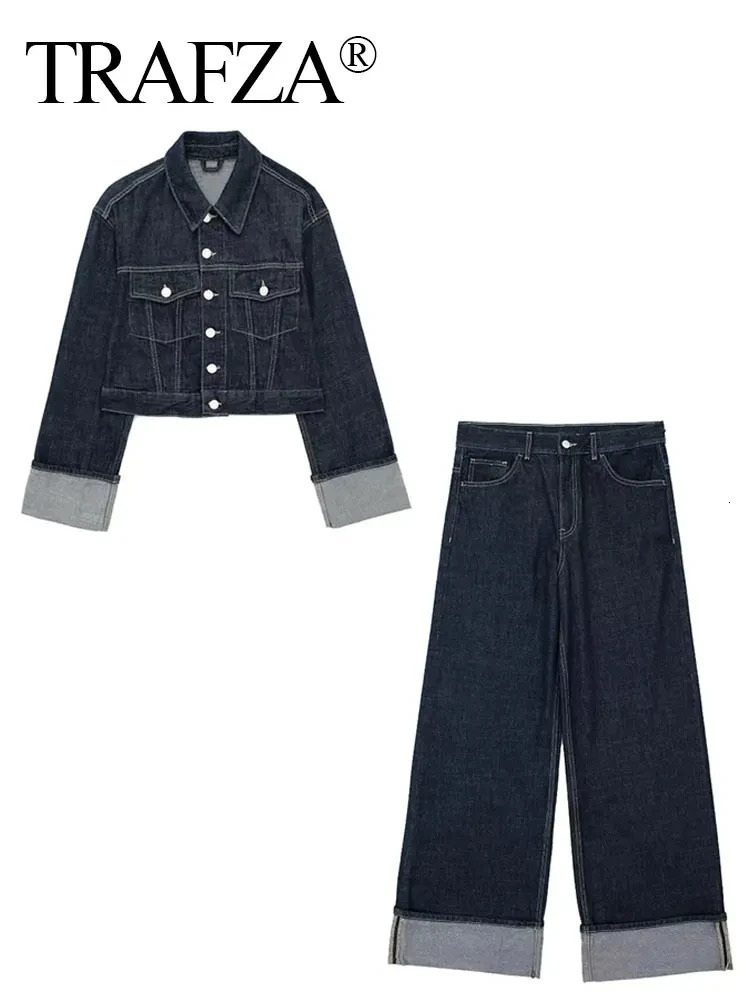 TRAFZA Women Fashion Denim Set Casual Lapel Long Sleeve Crop Jacket Buttons Female Vintage Wide Leg Loose Jeans Long Pants 250808