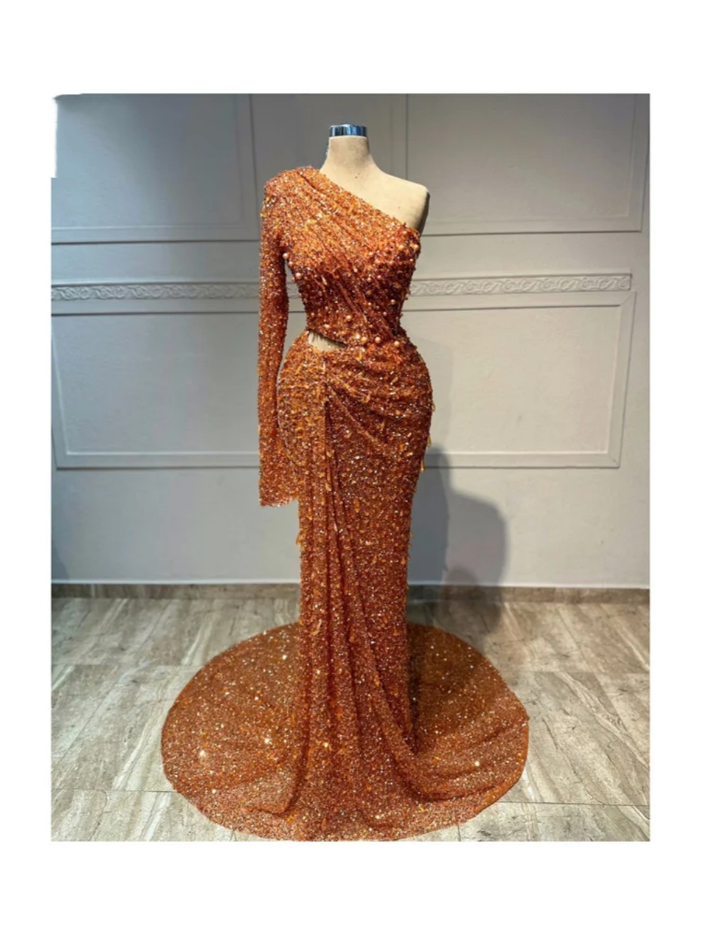Glitter Sequins Mermaid Evening Dress One Shoulder Long Sleeve Pearls Prom Gowns Beaded Floor Length Party Dresses Customized