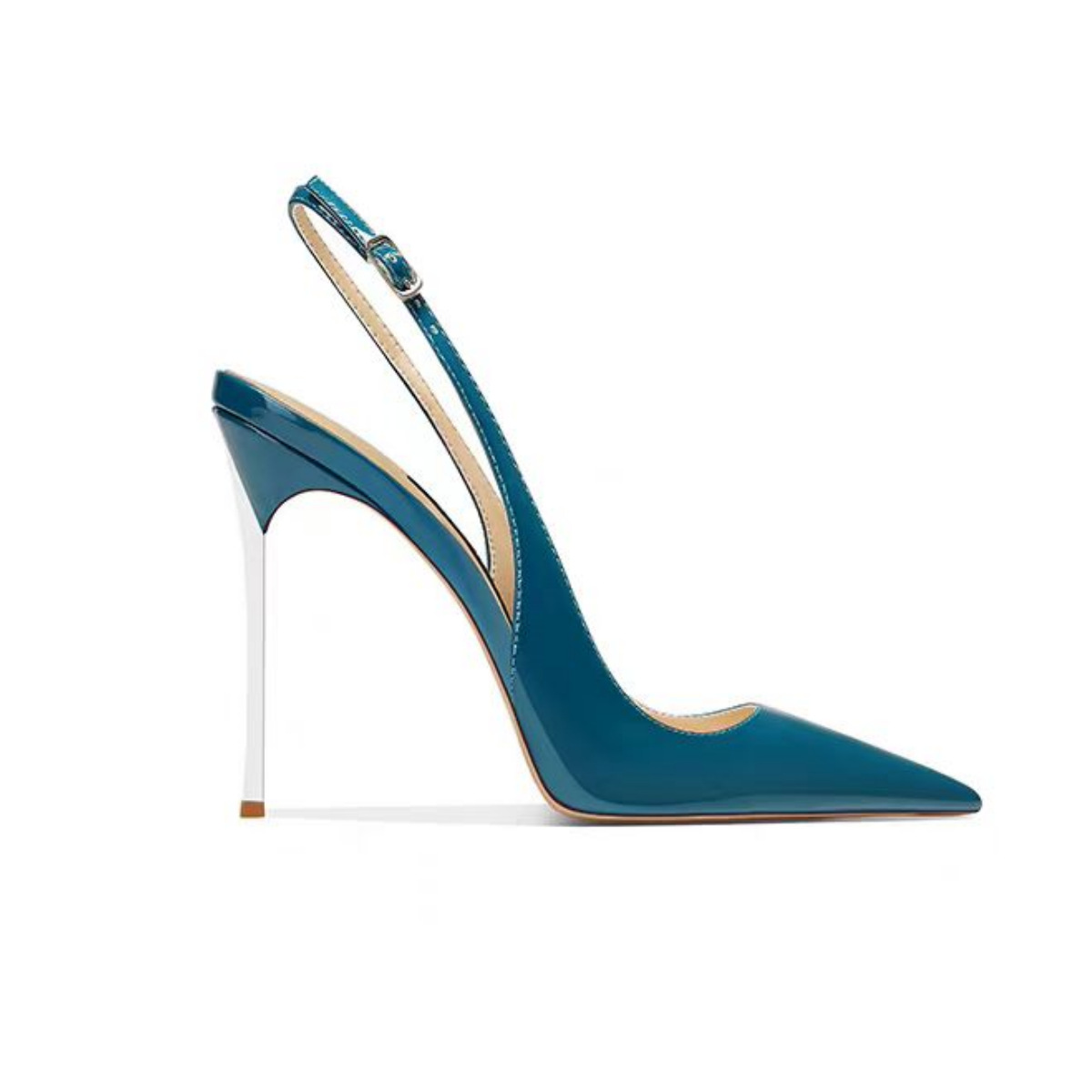 Metallic Heel Pointed Toe Sandals - Wide Fit Size 47 Glossy PU Ankle Strap (Peacock Blue/Nude/Black)