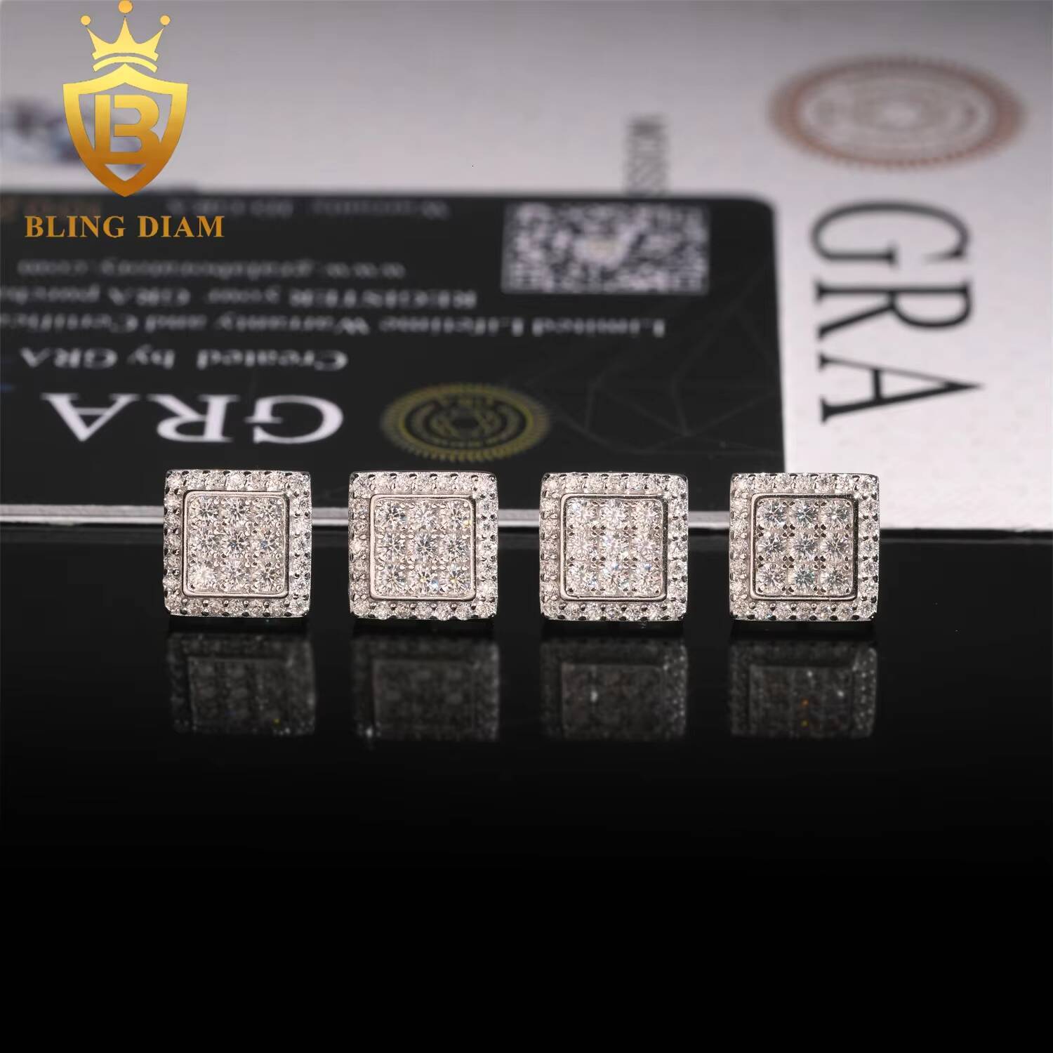 Hip Hop Jewelry Wholesale 925 Silver Rose Gold Plated Vvs Moissanite Diamond Square Earrings Stud Cluster for Man Women