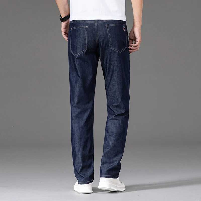 2024 Men Business Casual Light Blue Stretch Cotton Spring Summer Untr Thin Jeans Top Classic Style Denim Mens Trousers X250812