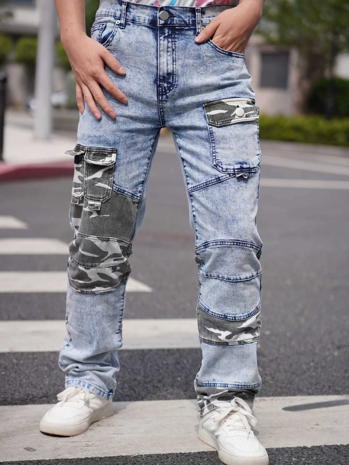 Mens Jeans Camouflage Patchwork Trendy Fashion Industrial Style Pocket Decoration Promotional Offer Free Shipping X250812