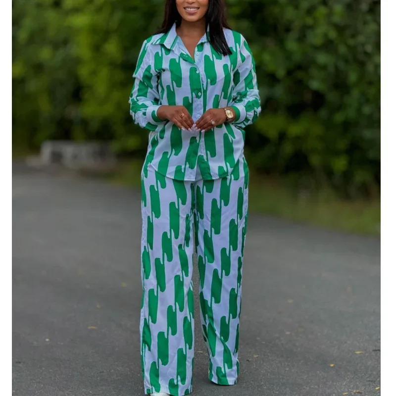 African Fashion Stripe Printed Two Piece Set Women Spring Autumn Casual Button Long Sleeved Shirt Wide Leg Pants Set 250811